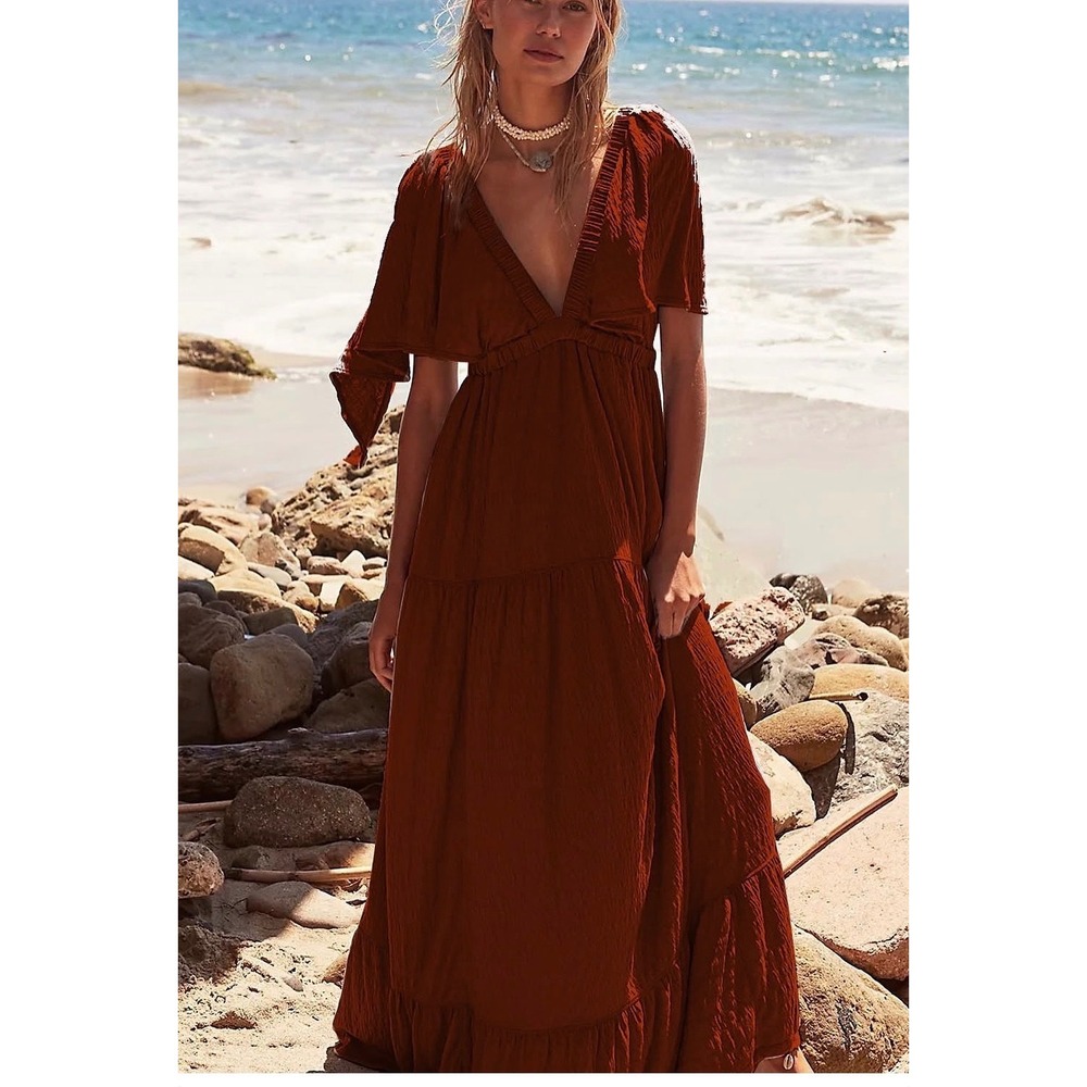 Free People Beach Ain't She A Beaut Maxi Dress Rust Brown Gauze Boho Medium